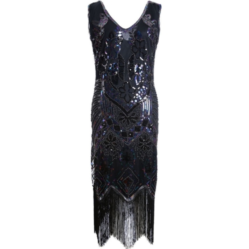 

Women Beaded V-Neck Sleeveless Dress (Black_S)