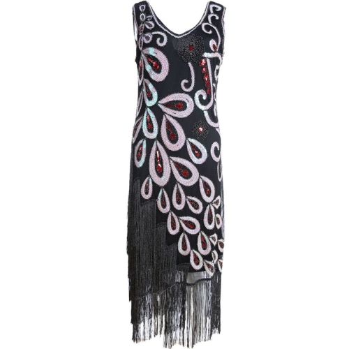 

Women Tassel Beaded Tuxedo Dress (Color:Black Size:S)