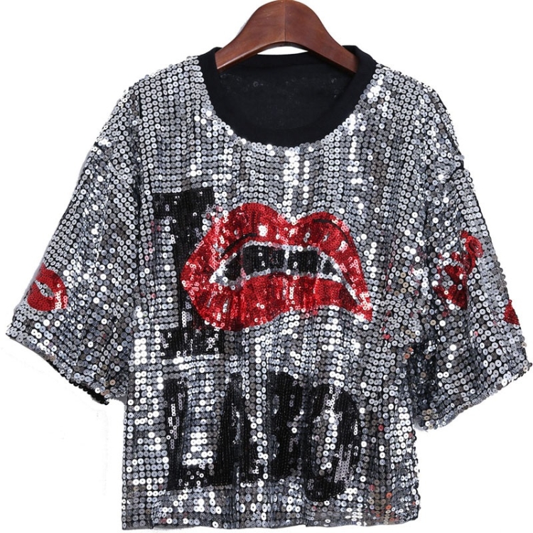 

Women Lip Sequin Round Neck Short Sleeve T-Shirt Costume (Color:Silver Size:One Size)