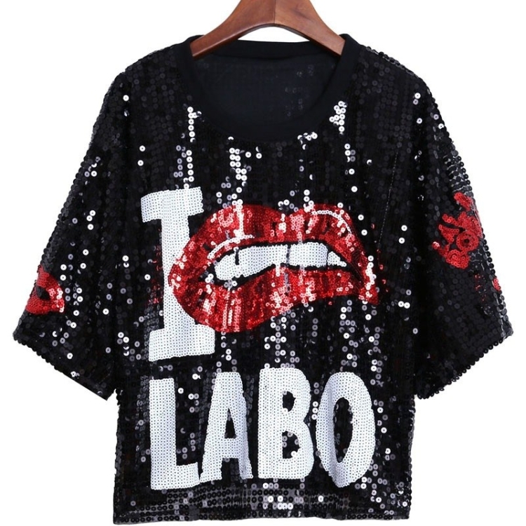 

Women Lip Sequin Round Neck Short Sleeve T-Shirt Costume (Color:Black Size:One Size)