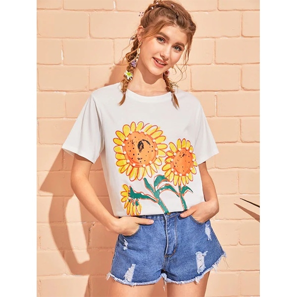 

Sweet Sunflower Print T-shirt (Color:White Size:S)