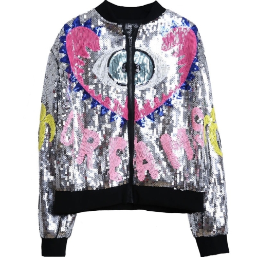 

Women Sequined Round Neck Long Sleeve Baseball Uniform (Color:Silver Size:One Size)