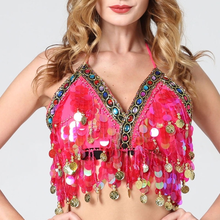 

Women Sequins Short Sling Performance Dance Cloth (Color:Rose Red Size:One Size)