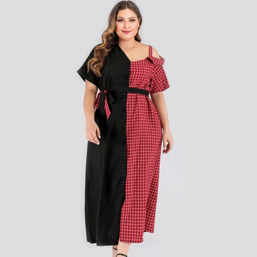 

Plus Size Check Stitching Half Shoulder Strap Dress (Color:Black Red Size:0XL)