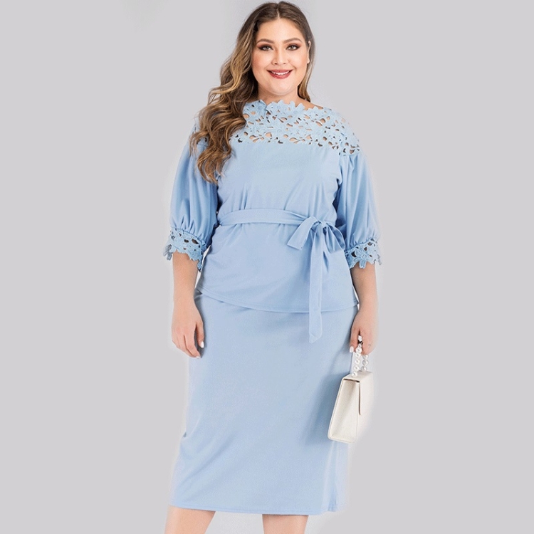 

Plus Size Lace Stitching Top Skirt Suit (Color:Sky Blue Size:0XL)
