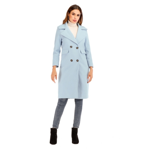 

Women Solid Color Long Sleeve Woolen Coat (Color:Blue Size:M)