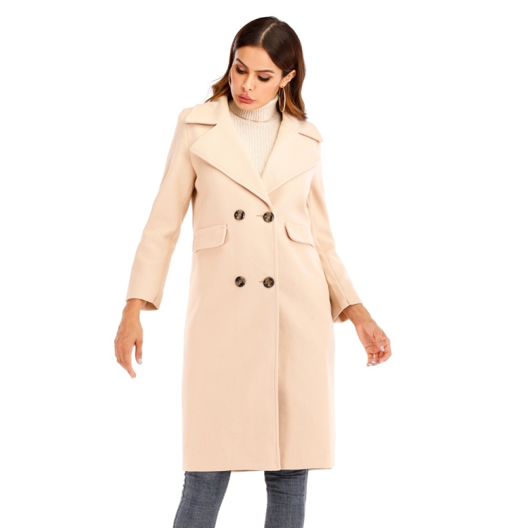 

Women Solid Color Long Sleeve Woolen Coat (Color:Beige Size:M)