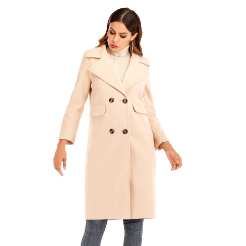 

Women Solid Color Long Sleeve Woolen Coat (Color:Beige Size:XL)