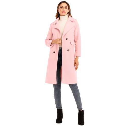 

Women Solid Color Long Sleeve Woolen Coat (Color:Pink Size:2XL)