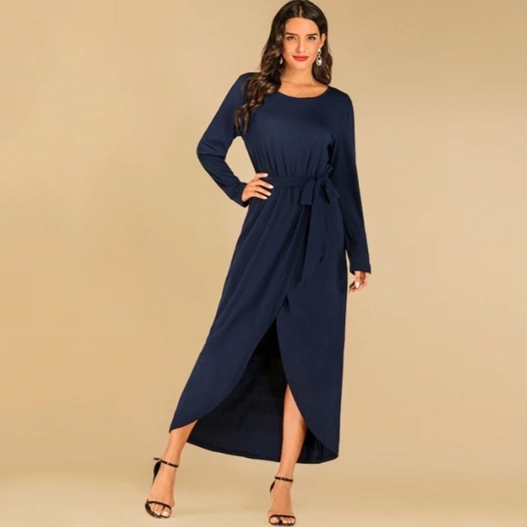 

Round Neck Solid Color Loose Long Sleeve Irregular Dress (Color:Navy Blue Size:S)