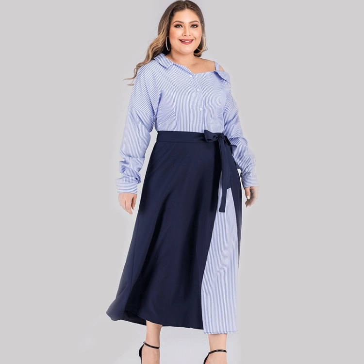 

Plus Size One-Shoulder Strap Striped Panel Dress (Color:As Show Size:2XL)