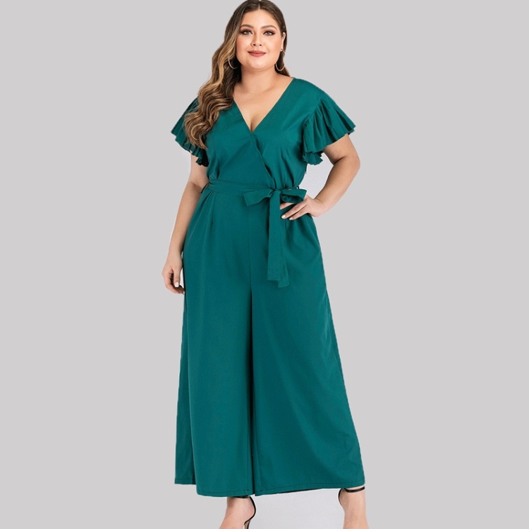 

Plus Size Pleated Short Sleeve Jumpsuit (Color:Dark Green Size:3XL)