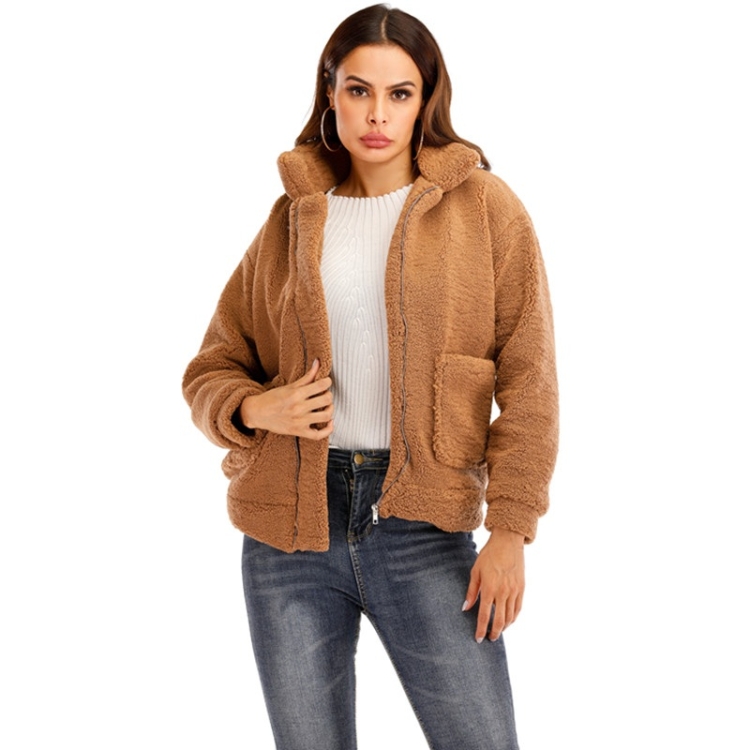 

Women Solid Color Long Sleeve Plush Coat (Color:Coffee Size:XL)