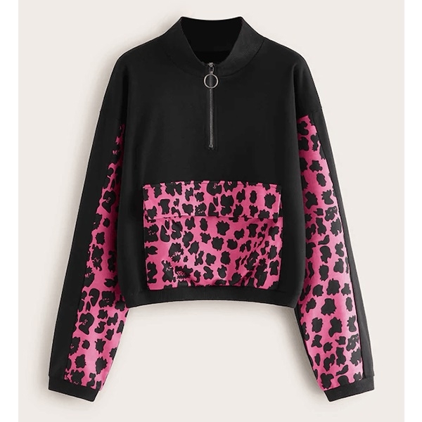 

Leopard Stitching Casual Sweatshirt (Color:Black Pink Size:S)