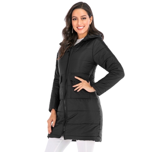 

Women Long Hooded Cotton Jacket (Color:Black Size:2XL)