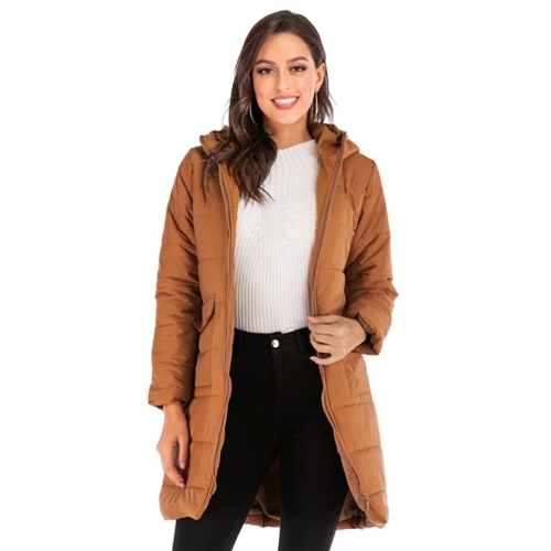 

Women Long Hooded Cotton Jacket (Color:Brown Size:XL)