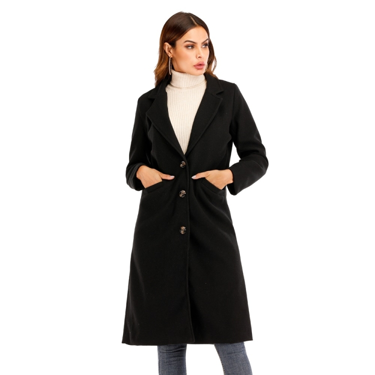 

Women Solid Color Long Sleeve Woolen Coat (Color:Black Size:M)