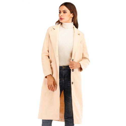 

Women Solid Color Long Sleeve Woolen Coat (Color:Beige Size:L)