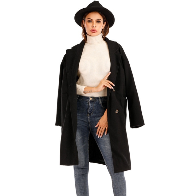 

Women Solid Color Long Sleeve Woolen Coat (Color:Black Size:L)