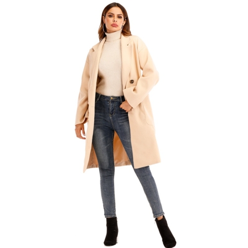 

Women Solid Color Long Sleeve Woolen Coat (Color:Beige Size:L)