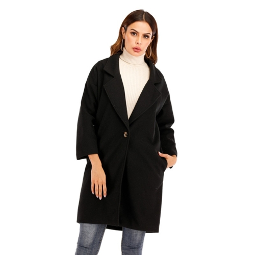 

Women Solid Color Long Sleeve Woolen Coat (Color:Black Size:XL)
