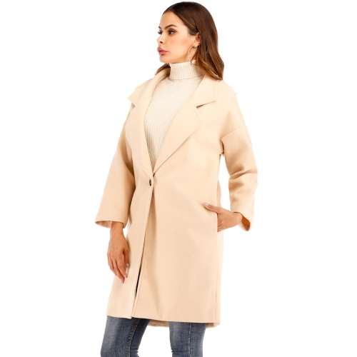 

Women Solid Color Long Sleeve Woolen Coat (Color:Beige Size:2XL)