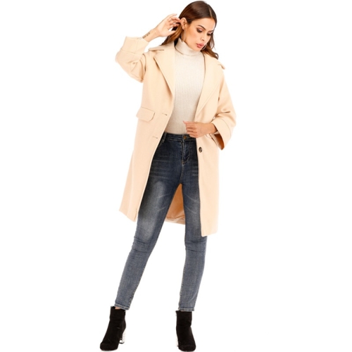 

Women Solid Color Long Sleeve Woolen Coat (Color:Beige Size:XL)