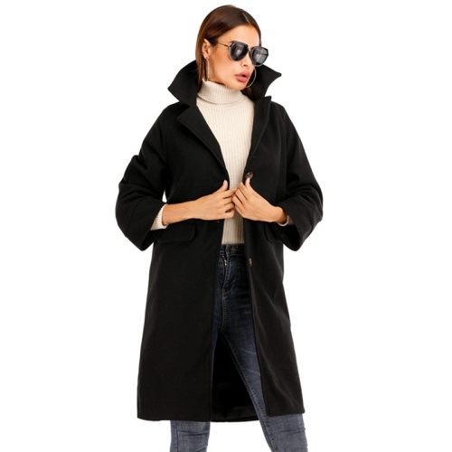 

Women Solid Color Long Sleeve Woolen Coat (Color:Black Size:M)