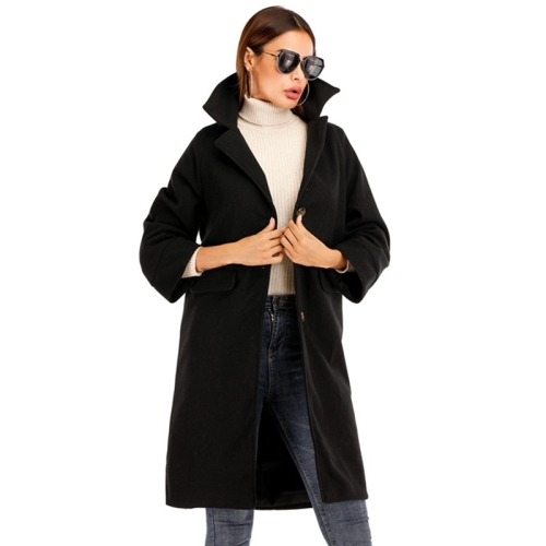 

Women Solid Color Long Sleeve Woolen Coat (Color:Black Size:2XL)