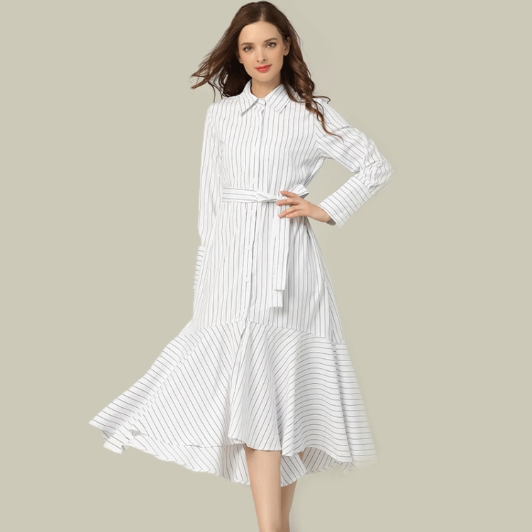 

Long Sleeve Striped Slim Dress (Color:White Size:M)
