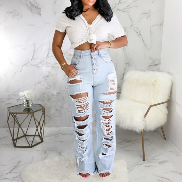 

Women Hole Denim Raw Edge Straight Trousers (Blue_S)