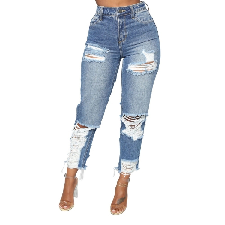 

Women Hole Denim Raw Edge Straight Trousers (Blue_S)