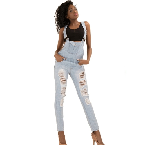 

Cotton Ripped Slim Fit Denim Overalls (Color:Baby Blue Size:S)