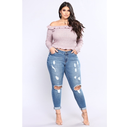 

Plus Sized Stretch Holes Jeans (Color:Blue Size:7XL)