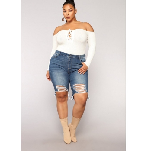 

Plus Sized Ripped Denim Shorts (Color:Dark Blue Size:2XL)