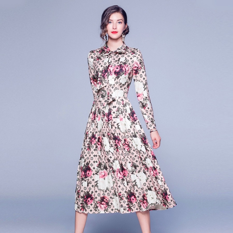 

Printed Lace Up Pleated High Waist Dress (Color:As Show Size:L)