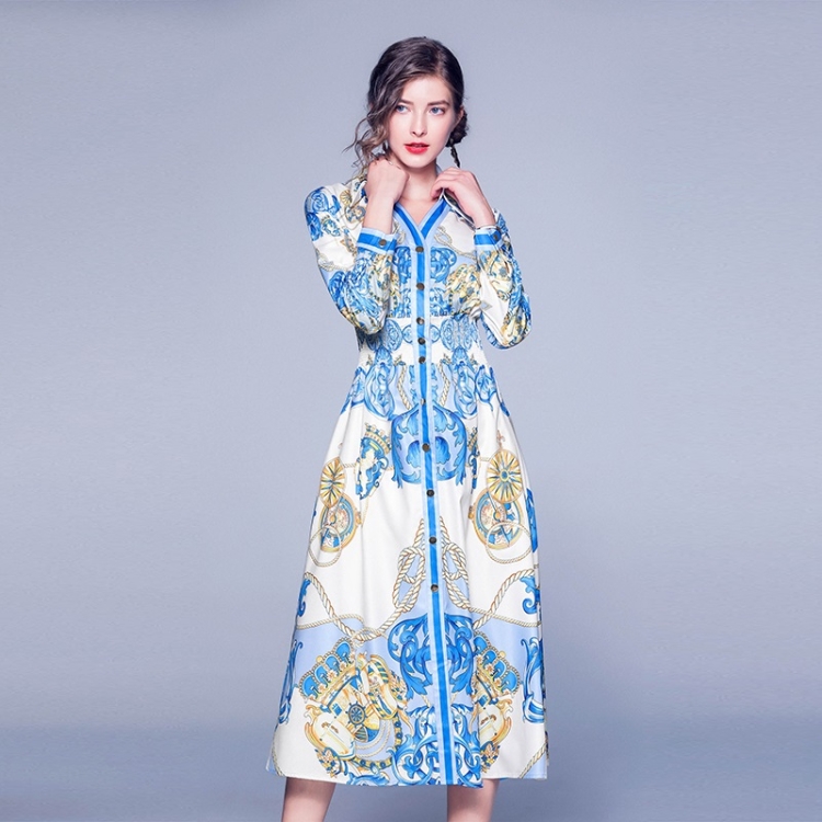 

Long-sleeved Single-breasted Waist Print Dress (Color:Blue Size:S)
