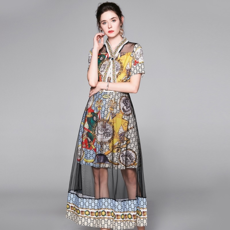 

Printed Mesh Gauze High Waist Dress (Color:As Show Size:XL)