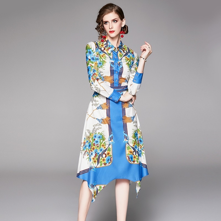 

Elegant Irregular Printed Long Sleeves and Contrasting Dress (Color:Blue Size:M)