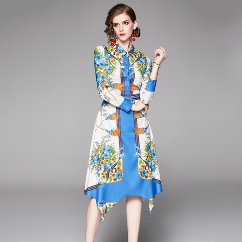 

Elegant Irregular Printed Long Sleeves and Contrasting Dress (Color:Blue Size:L)