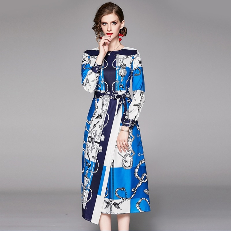 

Temperament Print Waist Tie Dress (Color:Blue Size:XL)