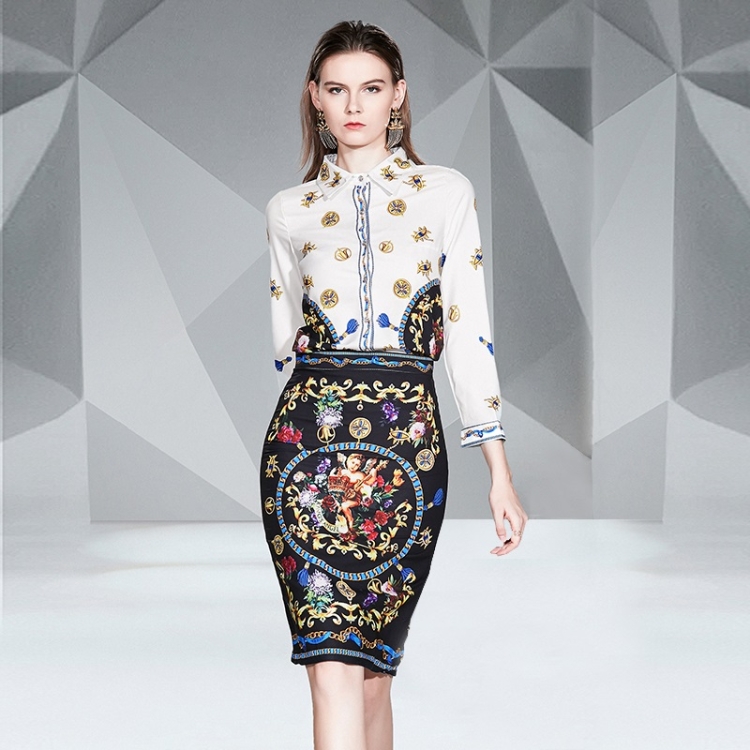 

Long Sleeve Shirt Slim Pack Hip Skirt Commuter Temperament Set (Color:White Size:S)