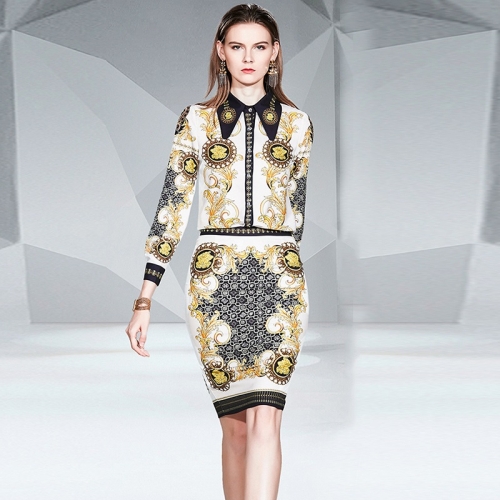 

Printed Lapel Long Sleeve Shirt Package Hip Skirt Suit (Color:As Show Size:S)