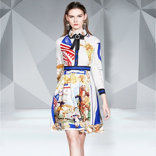 

Long Sleeve Print Waist Pleated Shirt Dress (Color:White Size:XL)