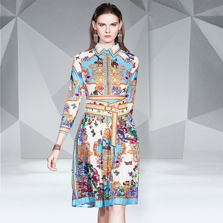

Lapel Pleated Slim Print Dress (Color:As Show Size:XXL)