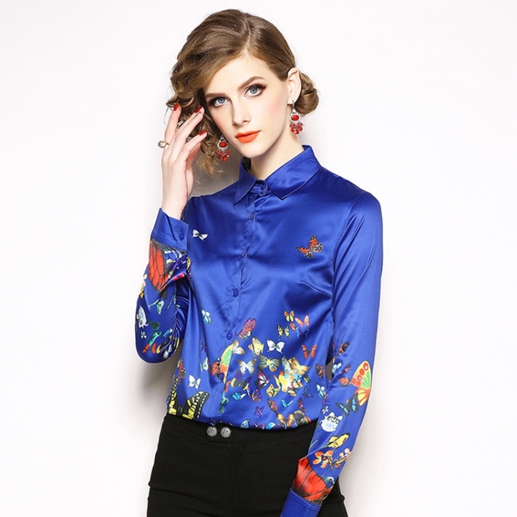 

Temperament Wild Lapel Long Sleeve Print Shirt (Color:Blue Size:M)