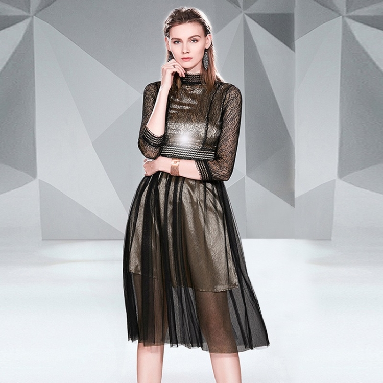 

Nine-point Sleeves Mesh Stitching Lace Waist Dress (Color:As Show Size:M)