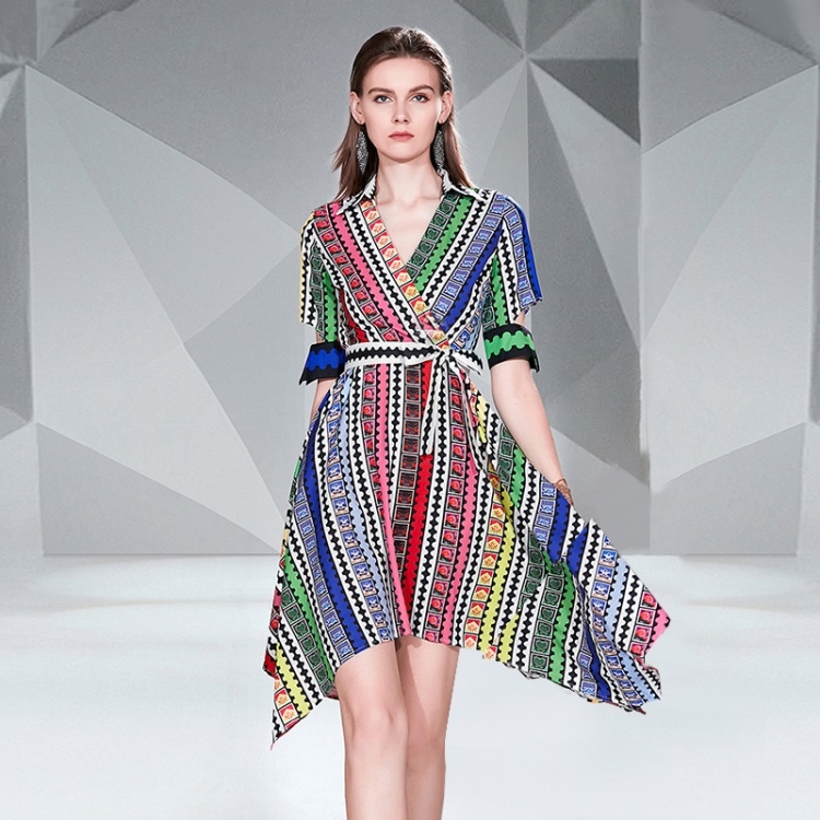

Printed Waist Slim Irregular Dress (Color:As Show Size:XL)