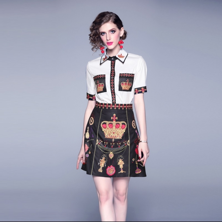 

Shirt Top Printed Skirt Set (Color:Black White Size:L)