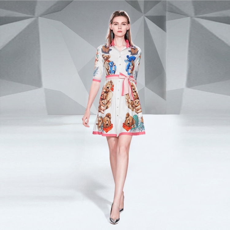 

Bear Pattern Print Shirt Dress(Color:As Show Size:M)
